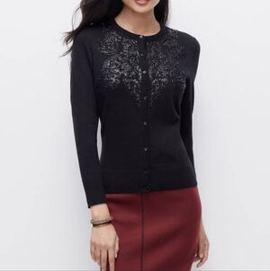 Ann Taylor Women's Black Faux Leather Beaded Ann Cardigan Sweater Sz XL